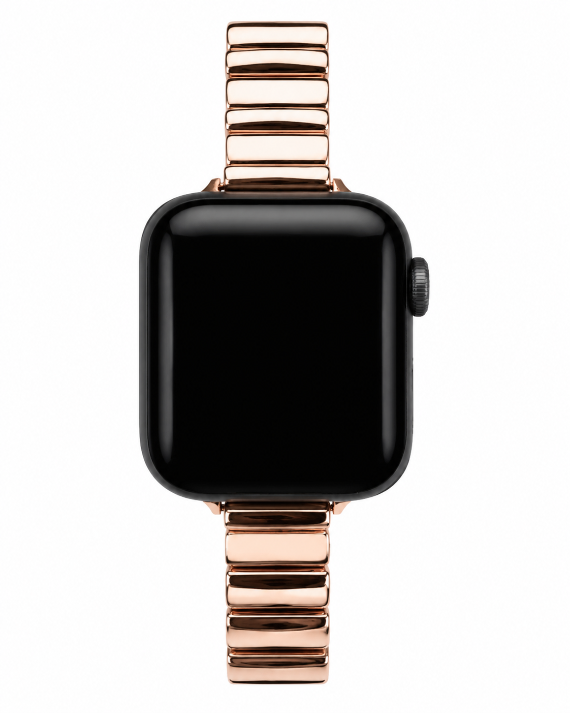 Apple Watch with rose gold metal band strap and black face