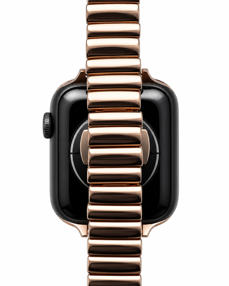 Apple Watch rose gold metal band strap with black dial face