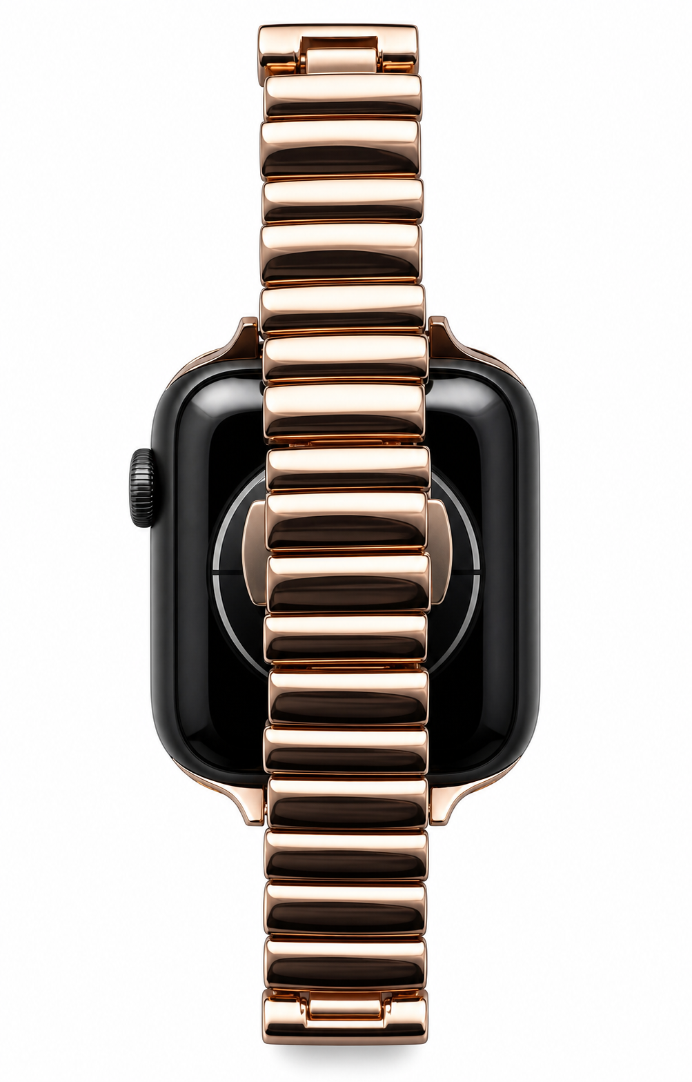 Apple Watch rose gold metal band strap with black dial face