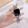 Silver metal link band smartwatch strap held in hand, closeup view
