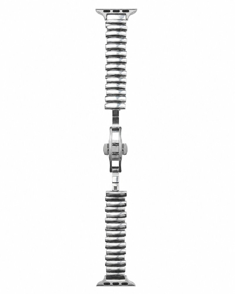 Silver metal strap for Apple Watch with adjustable links and clasp