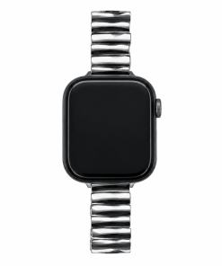 Black smartwatch with silver metal striped band strap