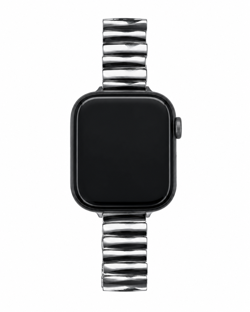 Black smartwatch with silver stainless steel metal link band strap