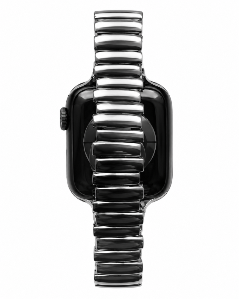 Apple Watch with black ceramic and silver metal link band strap