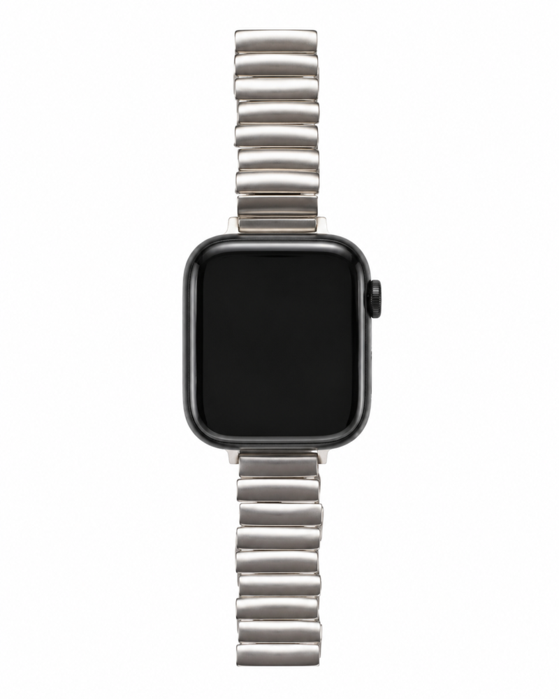 Apple Watch with stainless steel metal band strap in starlight color