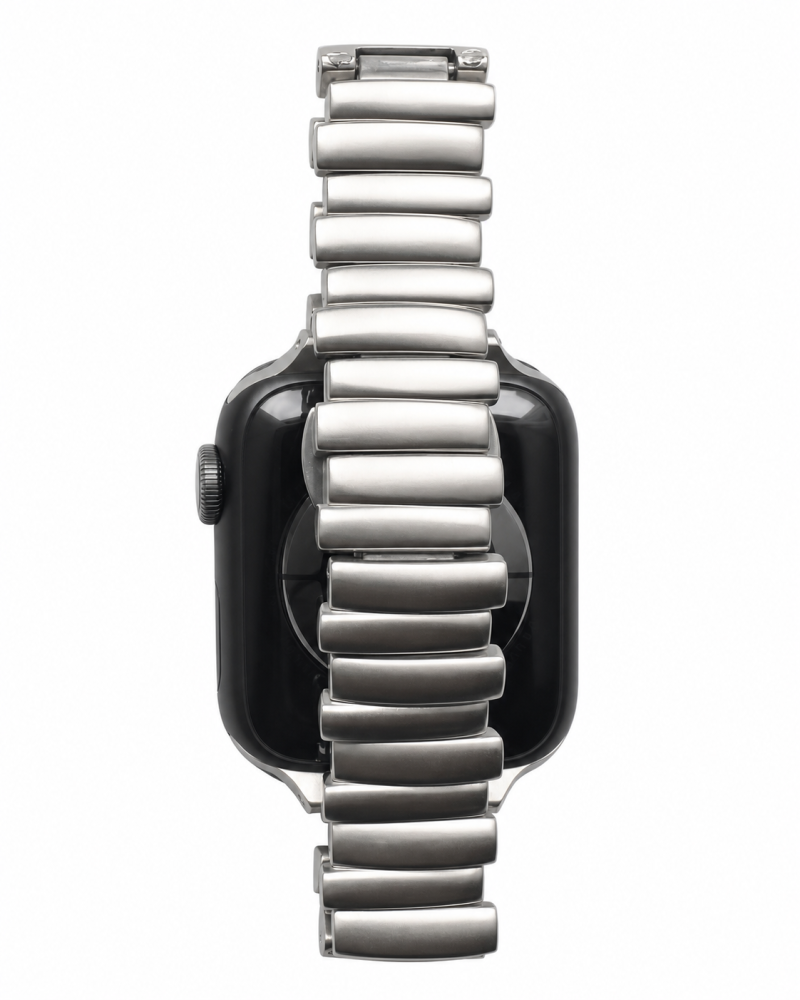 Apple Watch with silver metal band and black square case display
