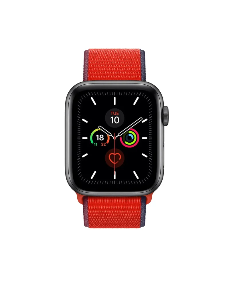 Apple Watch with red sport loop band and black digital face display
