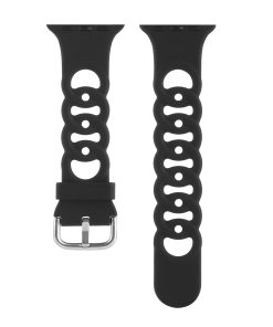 Black silicone sport watch band with perforated design and metal buckle