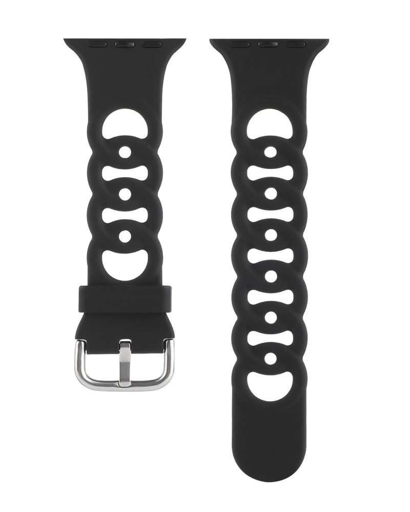 Black silicone sport watch band with perforated design and metal buckle