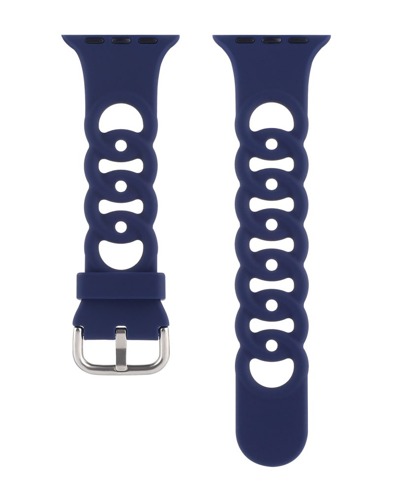 Midnight blue silicone smartwatch band with ventilation holes and metal buckle