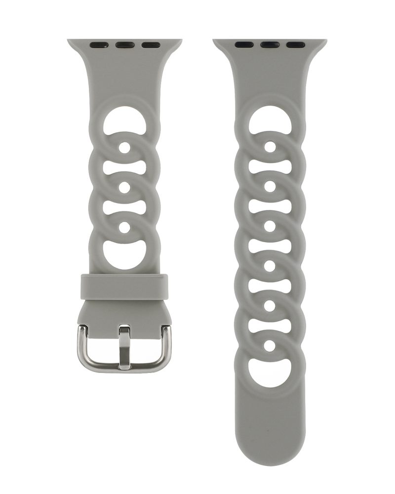 Gray silicone sport watch band with perforated design and metal buckle