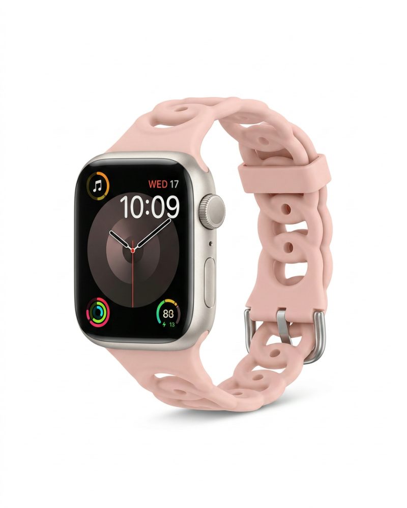 Sandy pink silicone flexi strap for Apple Watch with metallic buckle