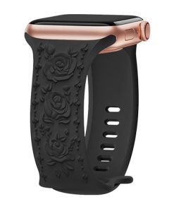 Black silicone floral smartwatch band with rose gold aluminum case connector