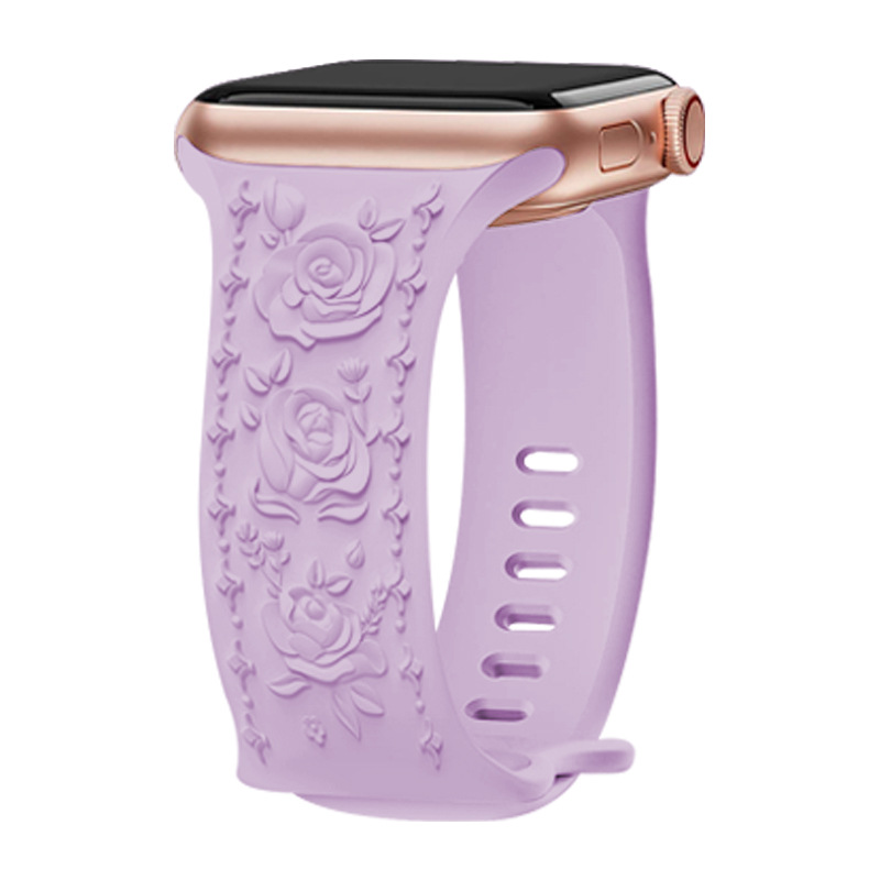 Lavender silicone smartwatch band with rose floral embossed design and rose gold case