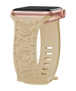 Cream floral embossed silicone Apple Watch band with rose gold accents