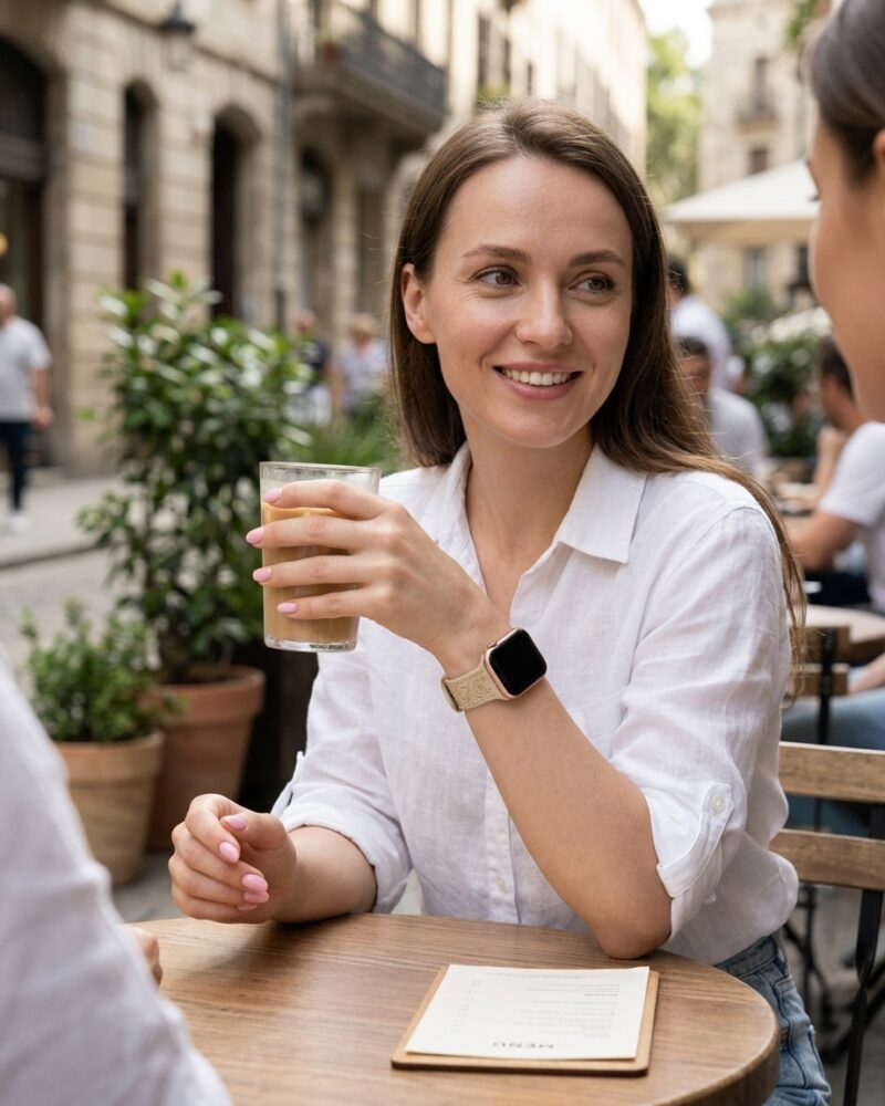 Woman drinking FloraFit Sport milk tea outdoors at urban café terrace