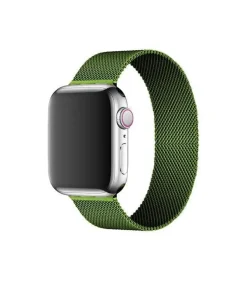 Green Milanese loop mesh smartwatch band with silver stainless steel case