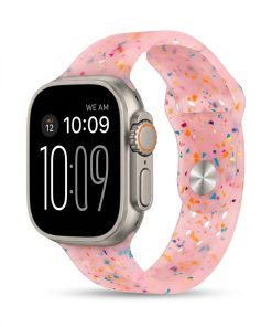 Apple Watch with pink jelly sport band featuring colorful confetti pattern design