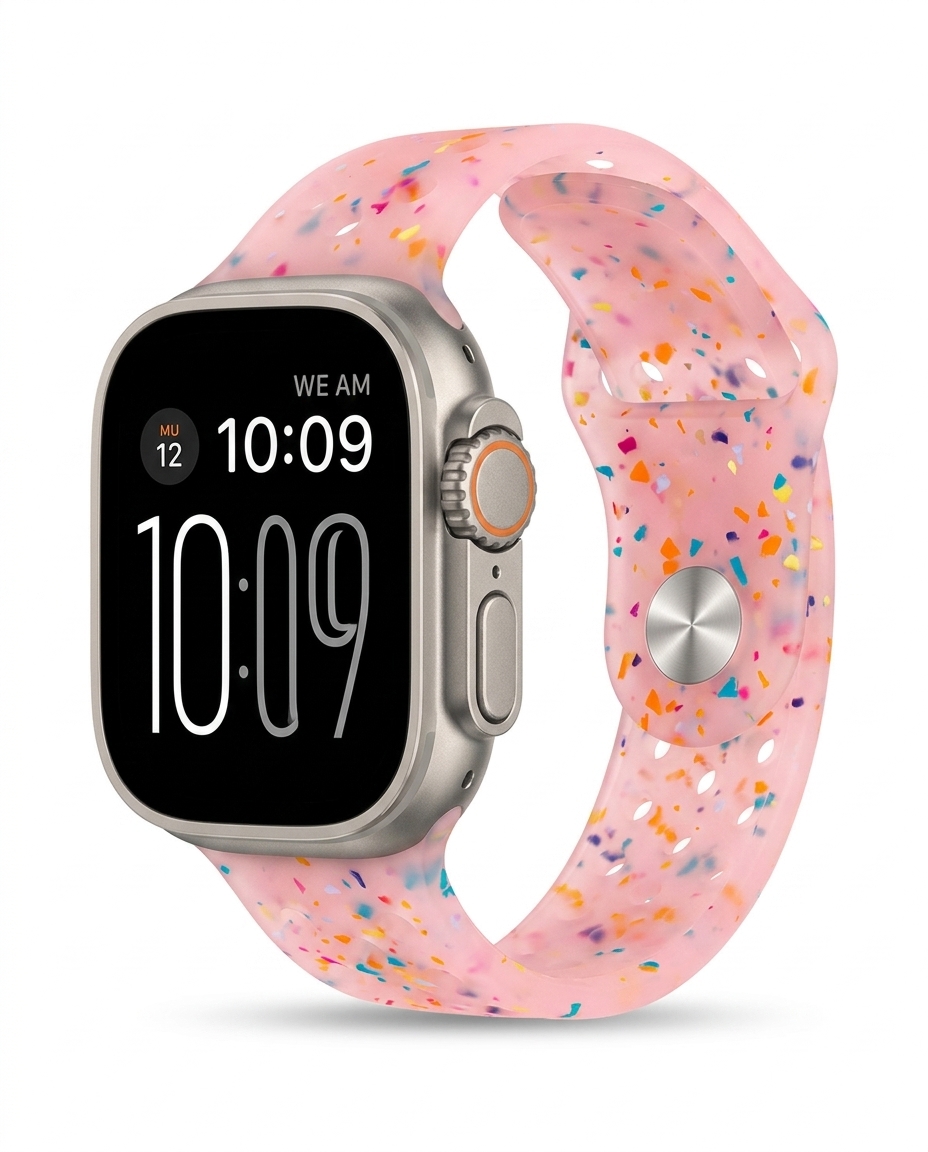 Apple Watch with pink jelly sport band featuring colorful confetti pattern design
