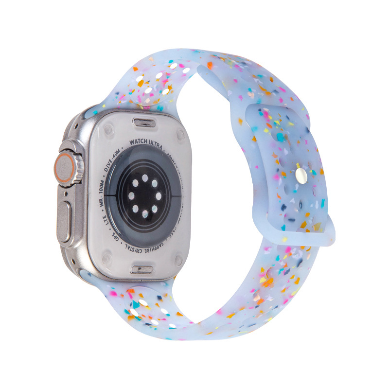 Sky blue jelly sport band with colorful confetti pattern for Apple Watch