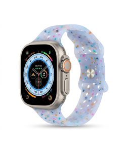 Apple Watch with sky blue jelly sport band featuring colorful confetti pattern design