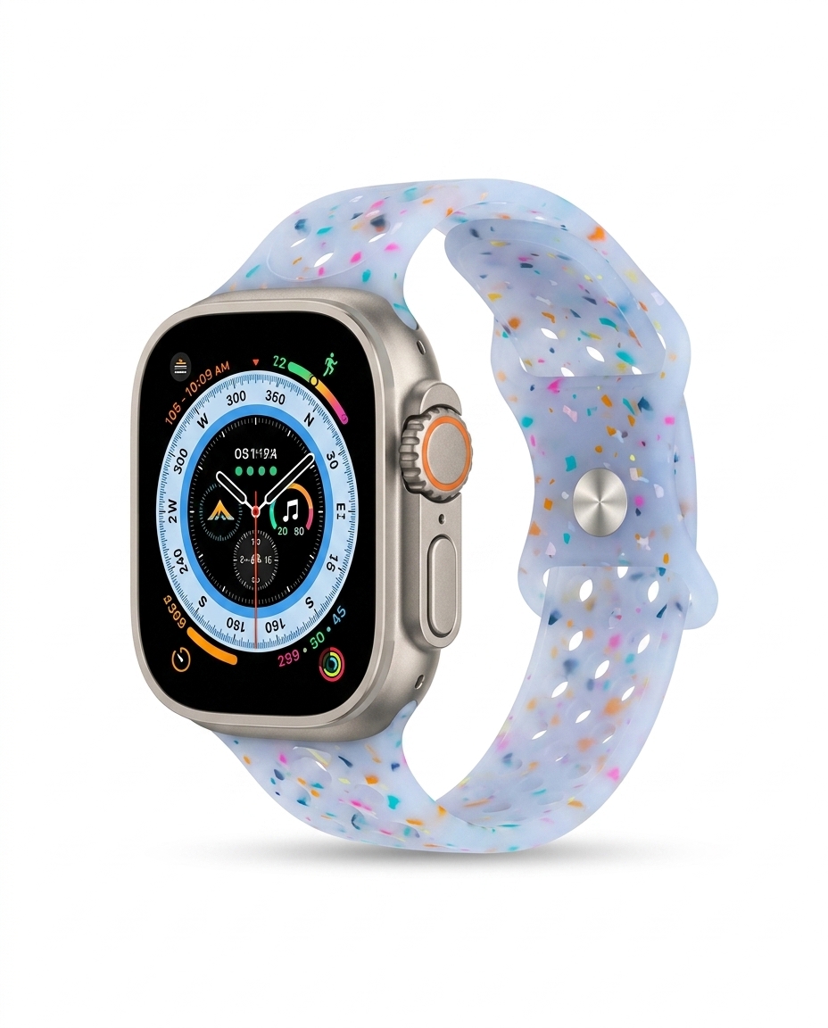 Apple Watch with sky blue jelly sport band featuring colorful confetti pattern design