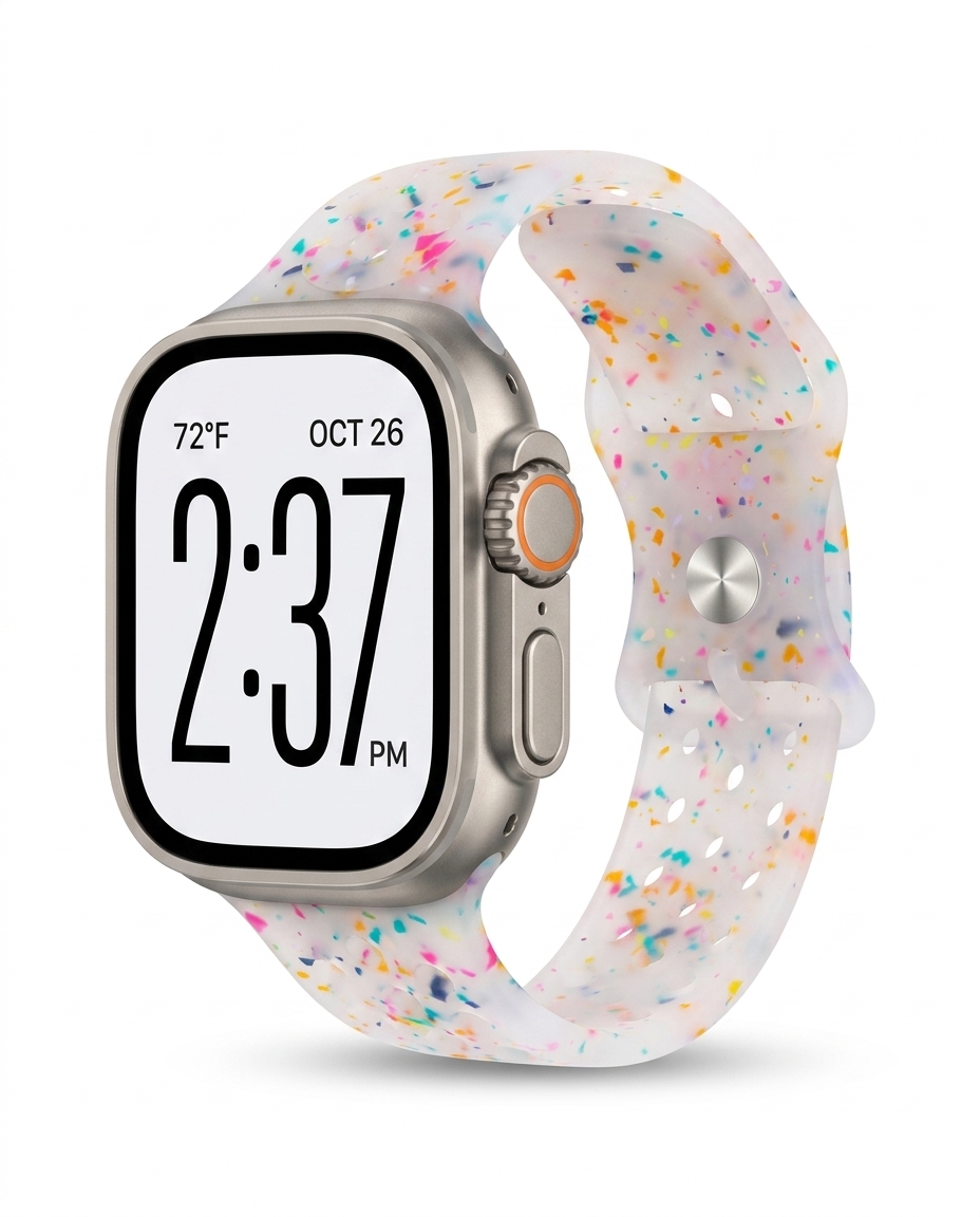 Apple Watch with transparent confetti jelly sport band and orange accent