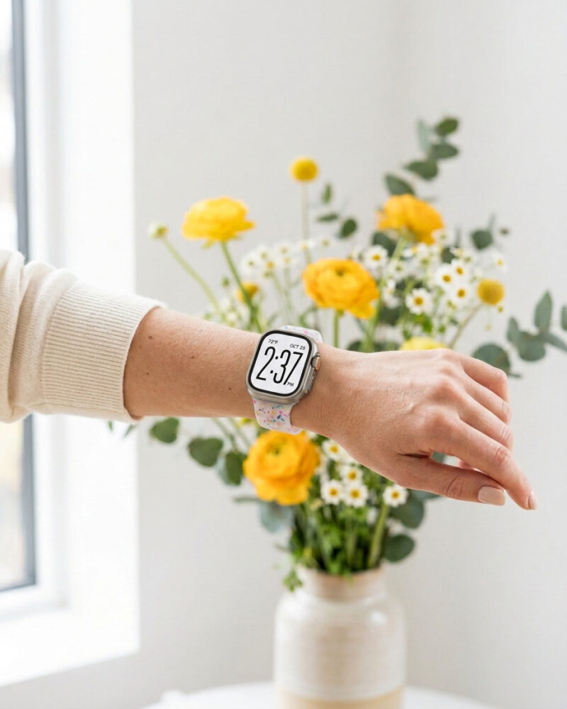 Woman wearing transparent jelly sport band smartwatch with yellow flowers background