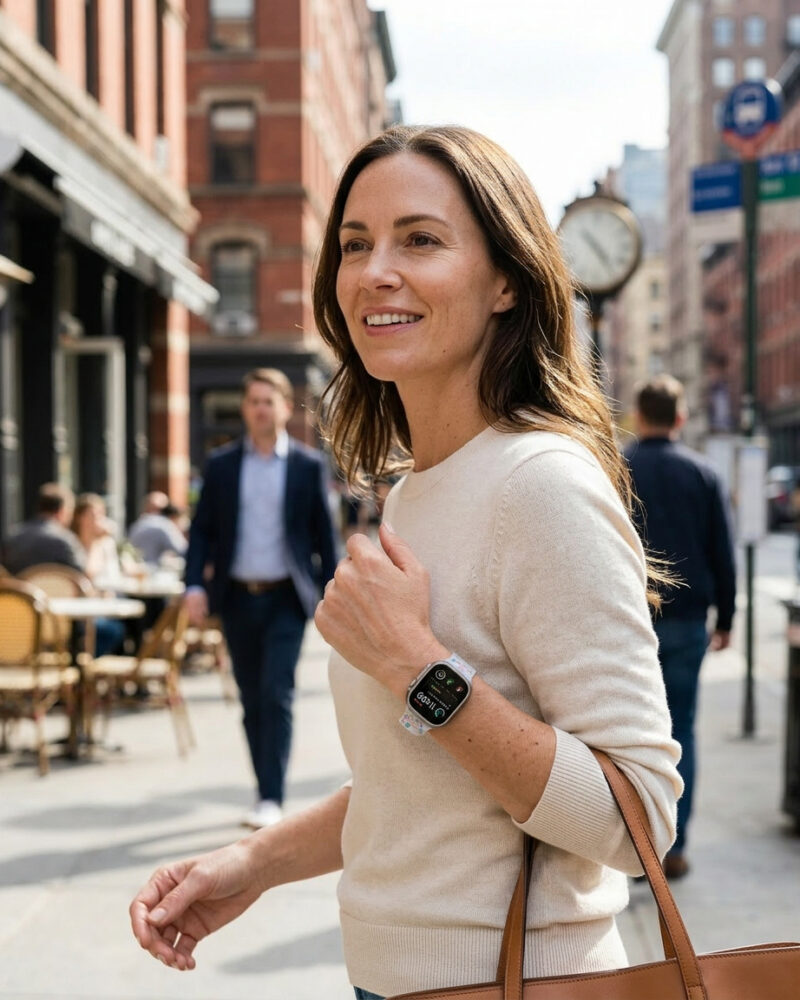 Woman wearing transparent jelly sport band smartwatch on urban city street