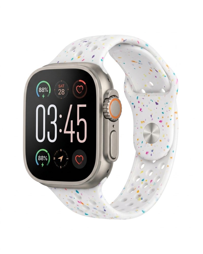 Apple Watch with white jelly sport band and colorful speckled design