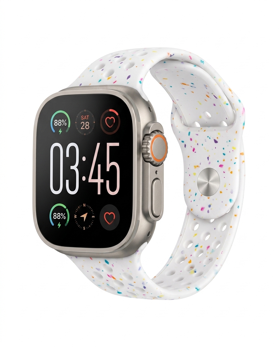 Apple Watch with white jelly sport band and colorful speckled design
