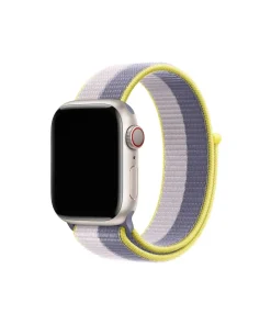 Apple Watch with lavender sport loop band, striped nylon strap design