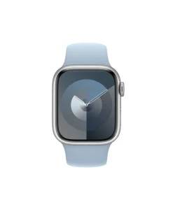 Silver smartwatch with light blue sport band and minimalist watch face
