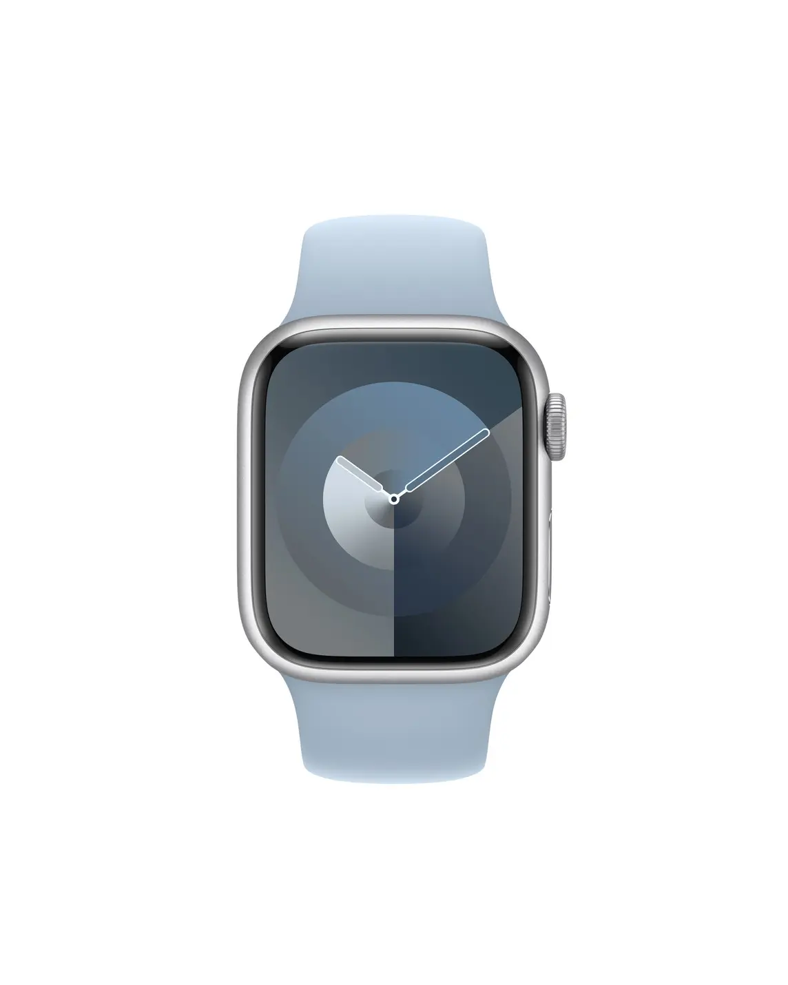 Silver smartwatch with light blue sport band and minimalist watch face