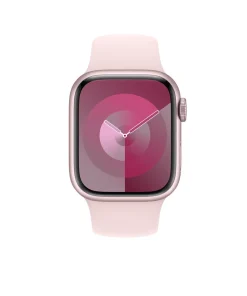 Pink aluminum smartwatch with light pink sport band and circular display