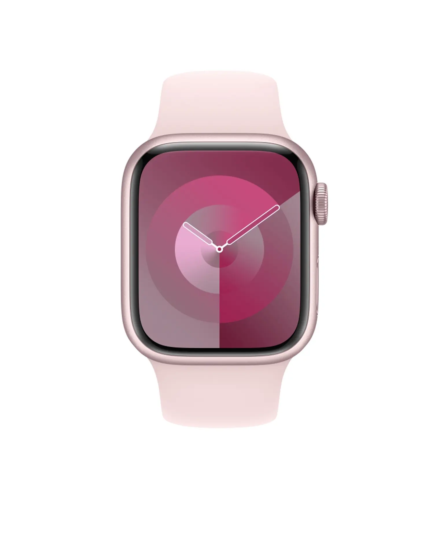 Pink aluminum smartwatch with light pink sport band and circular display