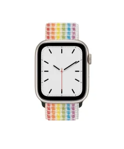 Silver smartwatch with rainbow striped fabric sport loop band