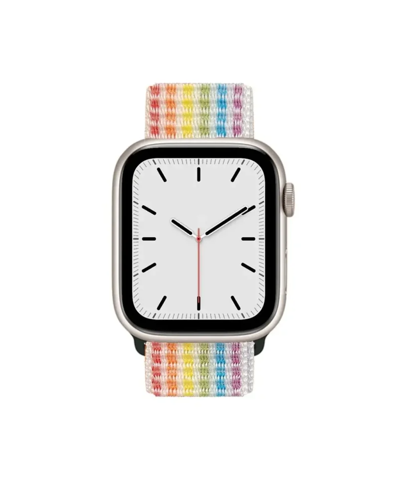Silver smartwatch with rainbow striped fabric sport loop band