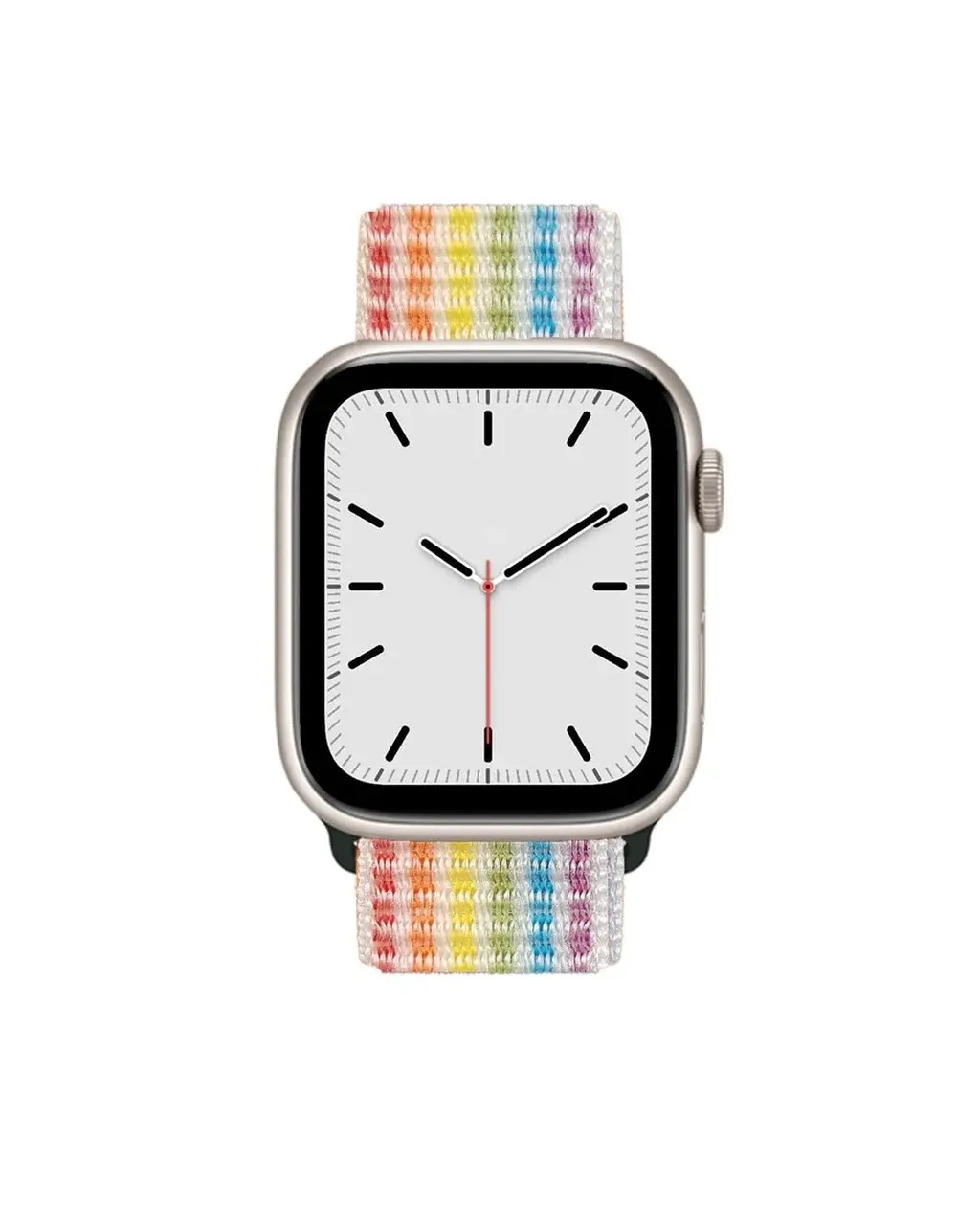 Silver smartwatch with rainbow striped fabric sport loop band