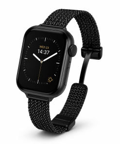 Black smartwatch with magnetic mesh strap band and digital display showing time