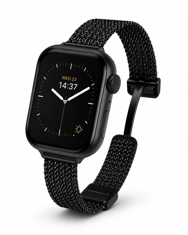 Black smartwatch with magnetic mesh strap band and digital display showing time