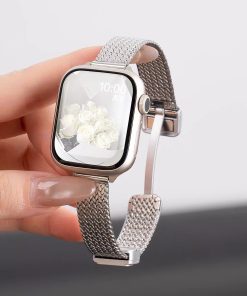 Luna magnetic strap silver mesh smartwatch band with elegant floral design display