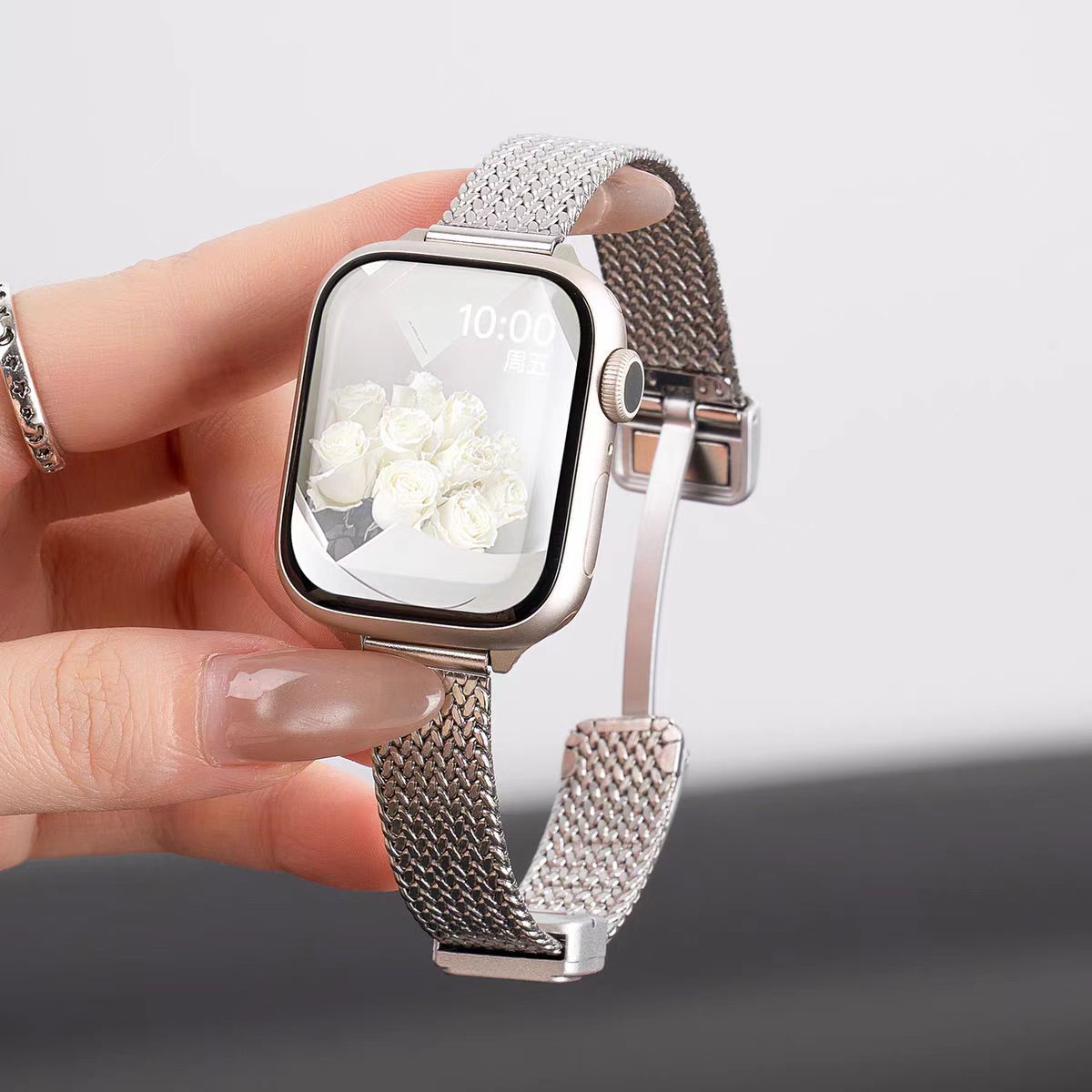 Luna magnetic strap silver mesh smartwatch band with elegant floral design display