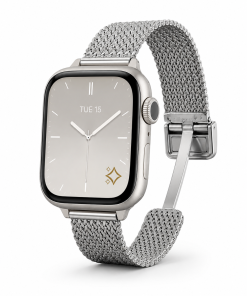 Apple Watch with silver magnetic mesh band and minimalist watch face