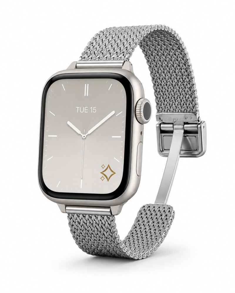 Apple Watch with silver magnetic mesh band and minimalist watch face
