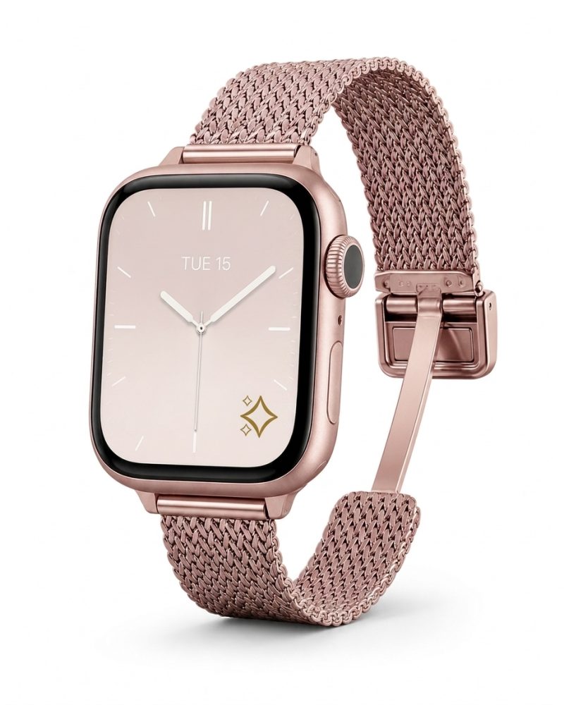 Rose gold smartwatch with braided mesh magnetic strap band