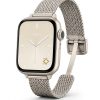 Apple Watch with silver mesh magnetic strap and minimalist watch face display