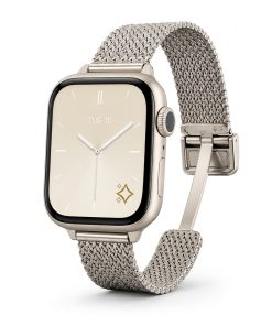 Apple Watch with silver mesh magnetic strap and minimalist watch face display