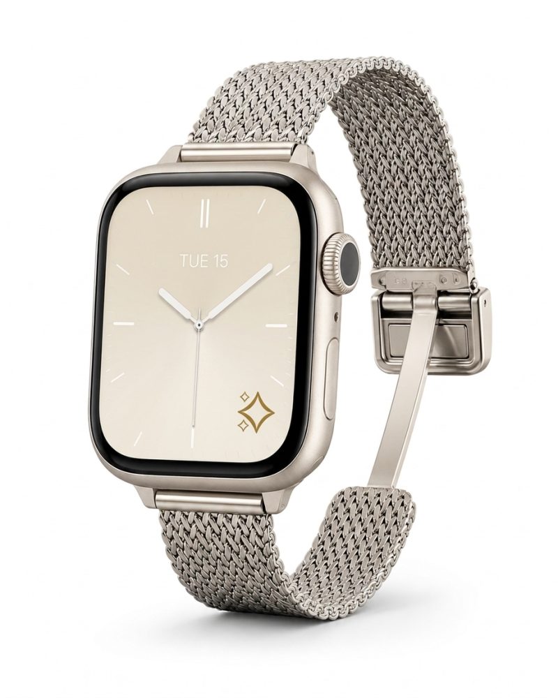Apple Watch with silver mesh magnetic strap and minimalist watch face display