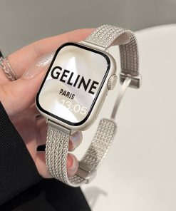 Starlight silver mesh magnetic smartwatch band on stainless steel watch case